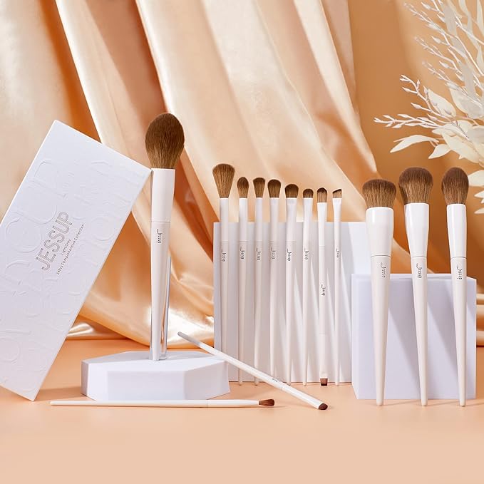 Jessup Makeup Brushes 14Pcs Makeup Brush Set Premium Synthetic Powder Foundation Contour Blush Concealer Eye Shadow Blending Liner Make Up Brush Kit Light Grey T329-FemmiqueWomen
