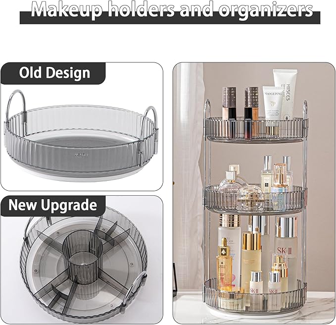 Rotating Makeup Organizer for Vanity, High-Capacity Skincare Clear Make Up Storage Perfume Organizers Cosmetic Dresser Organizer Countertop 360 Spinning (Gray, New-3 Tier)-FemmiqueWomen