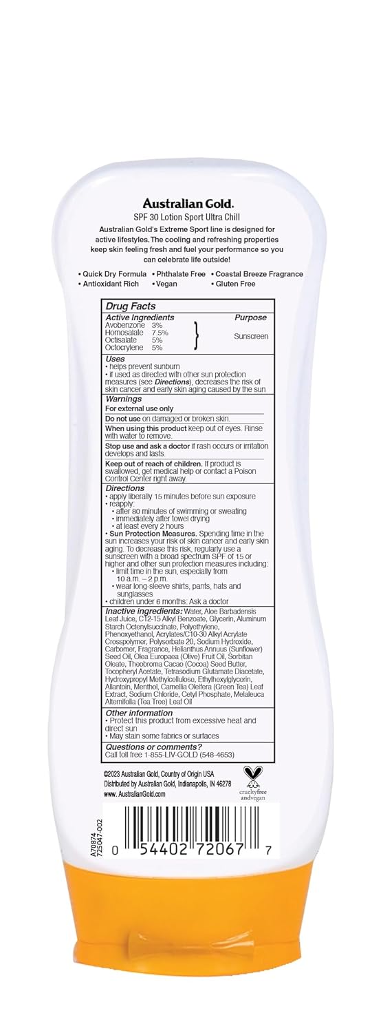 Australian Gold Extreme Sport Sunscreen Lotion SPF 30, 8 Ounce | Broad Spectrum | Sweat & Water Resistant | Non-Greasy | Oxybenzone Free | Cruelty Free-FemmiqueWomen