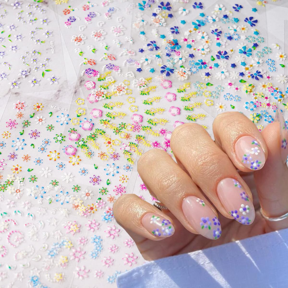 30 Sheets 3D Self-Adhesive Flower Nail Stickers - Black, White, Colorful Cherry Blossoms, Daisy Art for Gel Nails - Spring Design Supplies, DIY Charms Decoration for Women-FemmiqueWomen