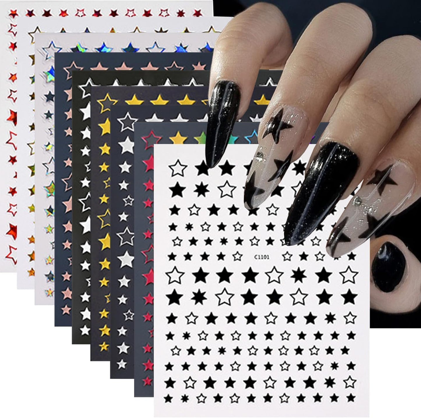12 Sheets Stars Nails Stickers 3D Self Adhesive Nail Decals Stars Nail Design Shiny Starlight DIY Transfer Decal Colorful Star Nail Tip Sticker Pentagram Glitter Manicure Decoration-FemmiqueWomen