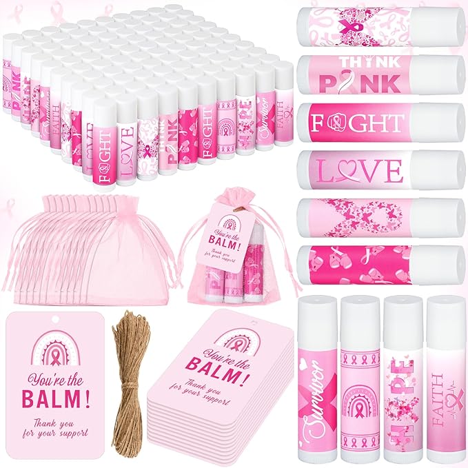 100 Set Pink Ribbon Breast Cancer Awareness Gifts Bulk, 100 Lip Balms, 100 Organza Gift Bags and 100 Tags Perfect for Charity Events, Survivors Awareness Campaigns-FemmiqueWomen