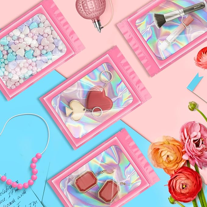 100 Pack Holographic Bags, Resealable Bags Packaging Bag with Clear Window Resealable Odor Foil Pouch for Food Storage, Lipgloss&Jewelry Lash Packaging(Pink, 2.4 x 3.9 Inch)-FemmiqueWomen