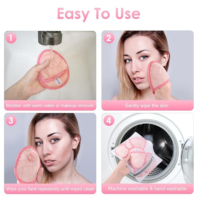 SINLAND Reusable Makeup Remover Pads For Face,Eye,Lips Microfiber Gentle Facial Cleansing Cloths for All Skin Types Friendly for Makeup Remover With Laundry Bag 5.1inchx3.93inch Pink Pack of 6-FemmiqueWomen