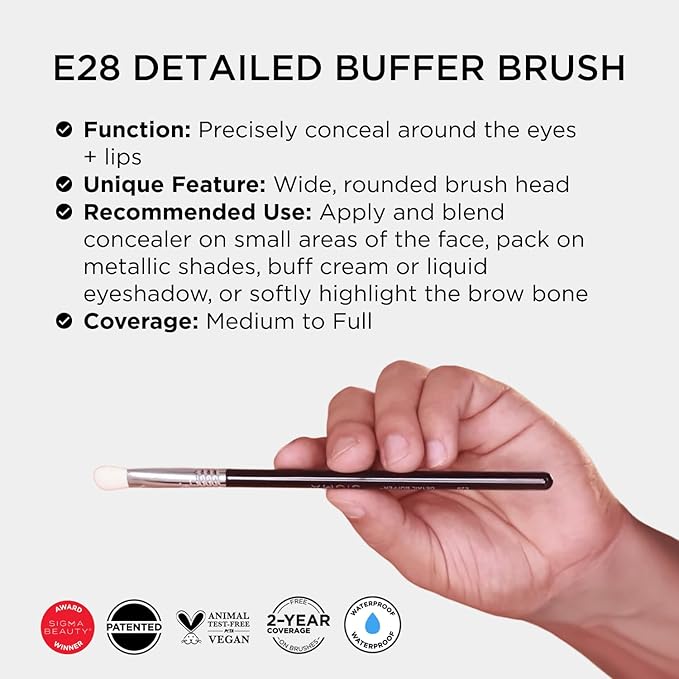 Sigma Beauty Professional E28 Detail Buffer Brush – Professional Eyeshadow Brush for Seamless Cream or Liquid Eyeshadow Blending, Packing on Metallic Shades & Highlighting the Brow Bone (1 Brush)-FemmiqueWomen