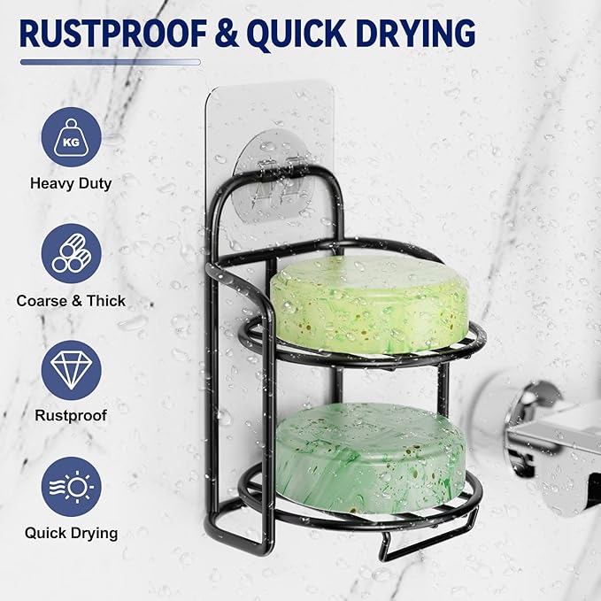 2-Tier Shower Soap Shampoo Bar Holder, Self Adhesive & Freestanding Draining Soap Dish Caddy for Bathroom Wall Accesories Decor Black-FemmiqueWomen