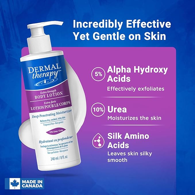 Dermal Therapy Extra Strength 5% AHA 10% Urea Body Lotion - Healing for Extremely Dry, Cracked Skin - Fragrance-Free - Sensitive Skin, Diabetes & Medication-Induced Dryness - 8 fl oz / 240 ml-FemmiqueWomen