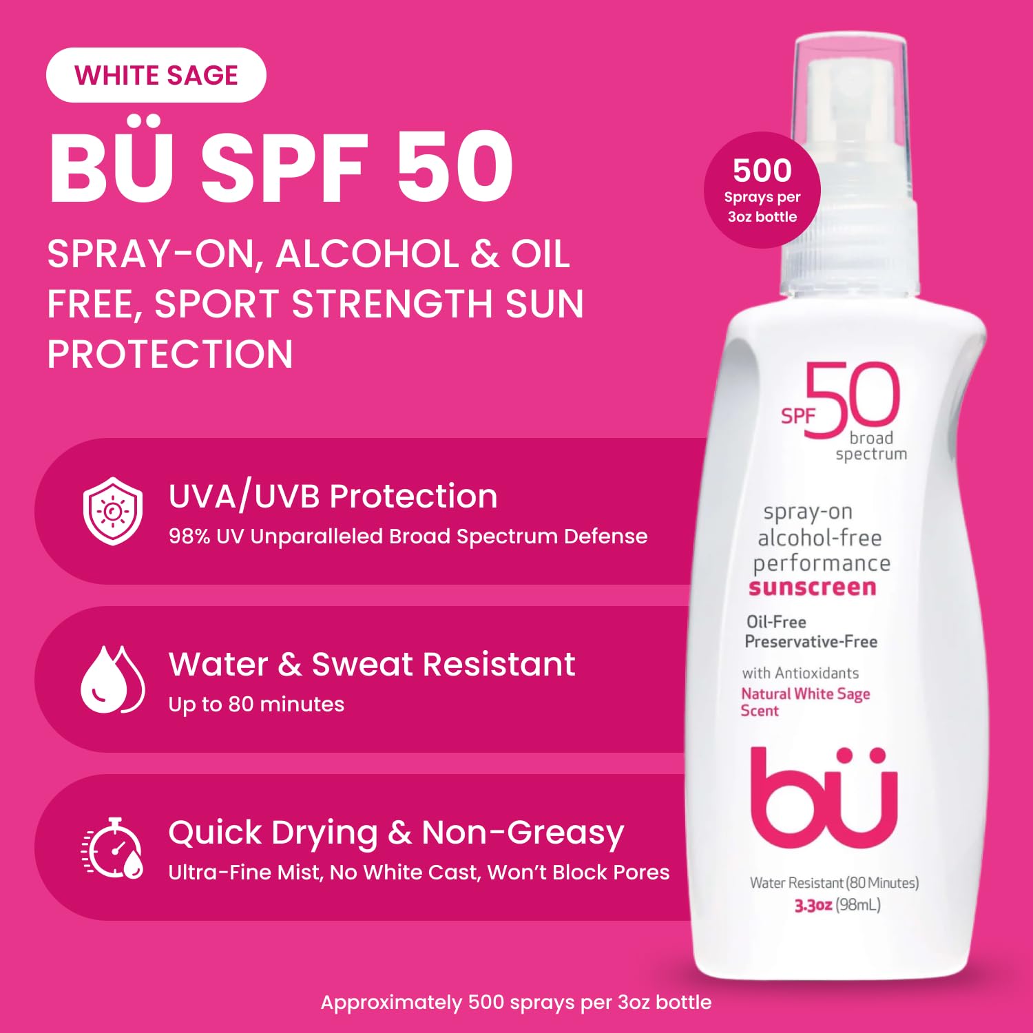 BU Sunscreen SPF 50, Fragrance Free & White Sage, 3.3 oz Sunscreen Spray for Face & Body Duo– Broad Spectrum, Water Resistant-FemmiqueWomen