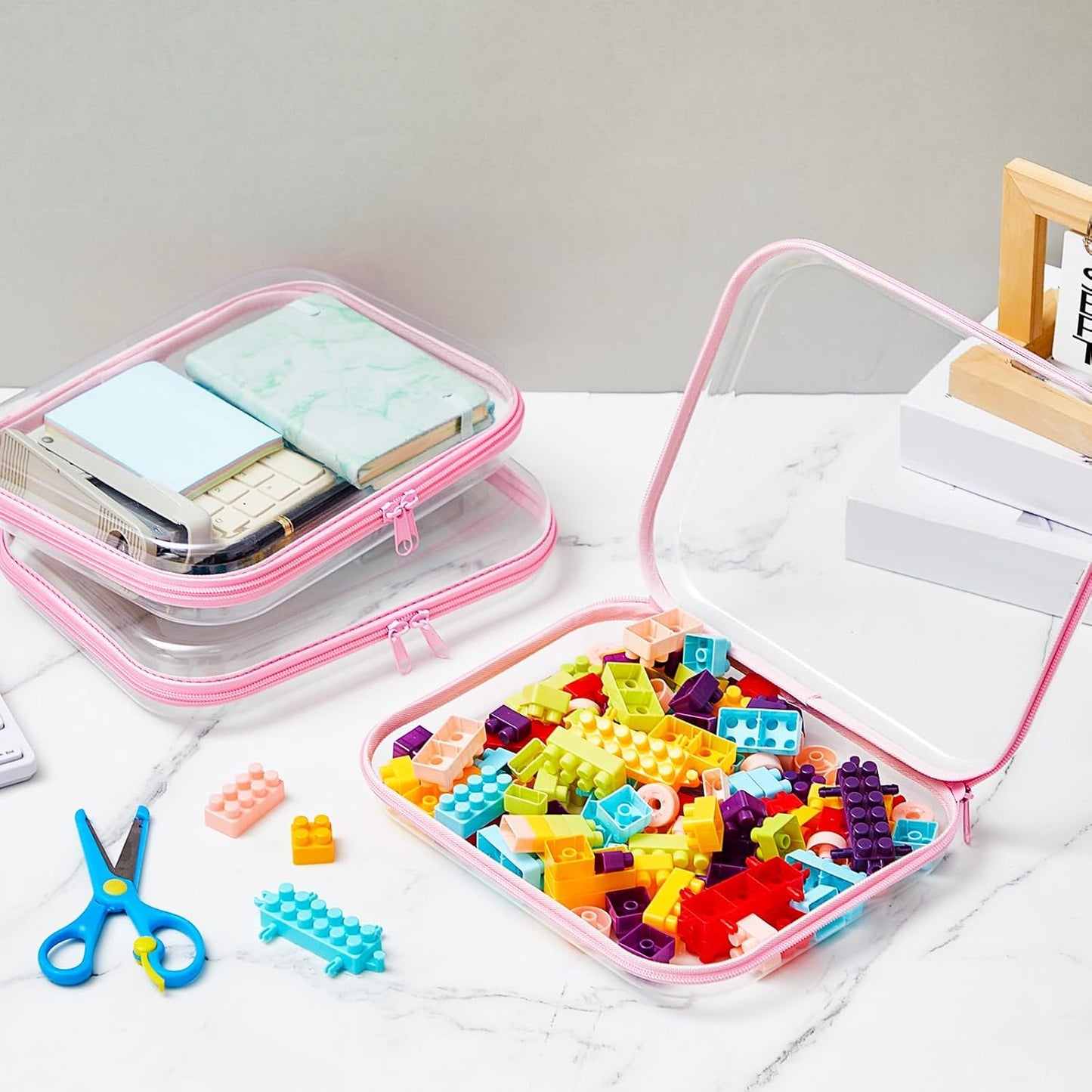 Hoolerry 3 Pcs Clear Hard Zipper Case Plastic Pouch Transparent Hard Case Clear Makeup Bag Portable Travel Organizer Bin for Cosmetics, Building Blocks, Puzzles(Pink,M)-FemmiqueWomen