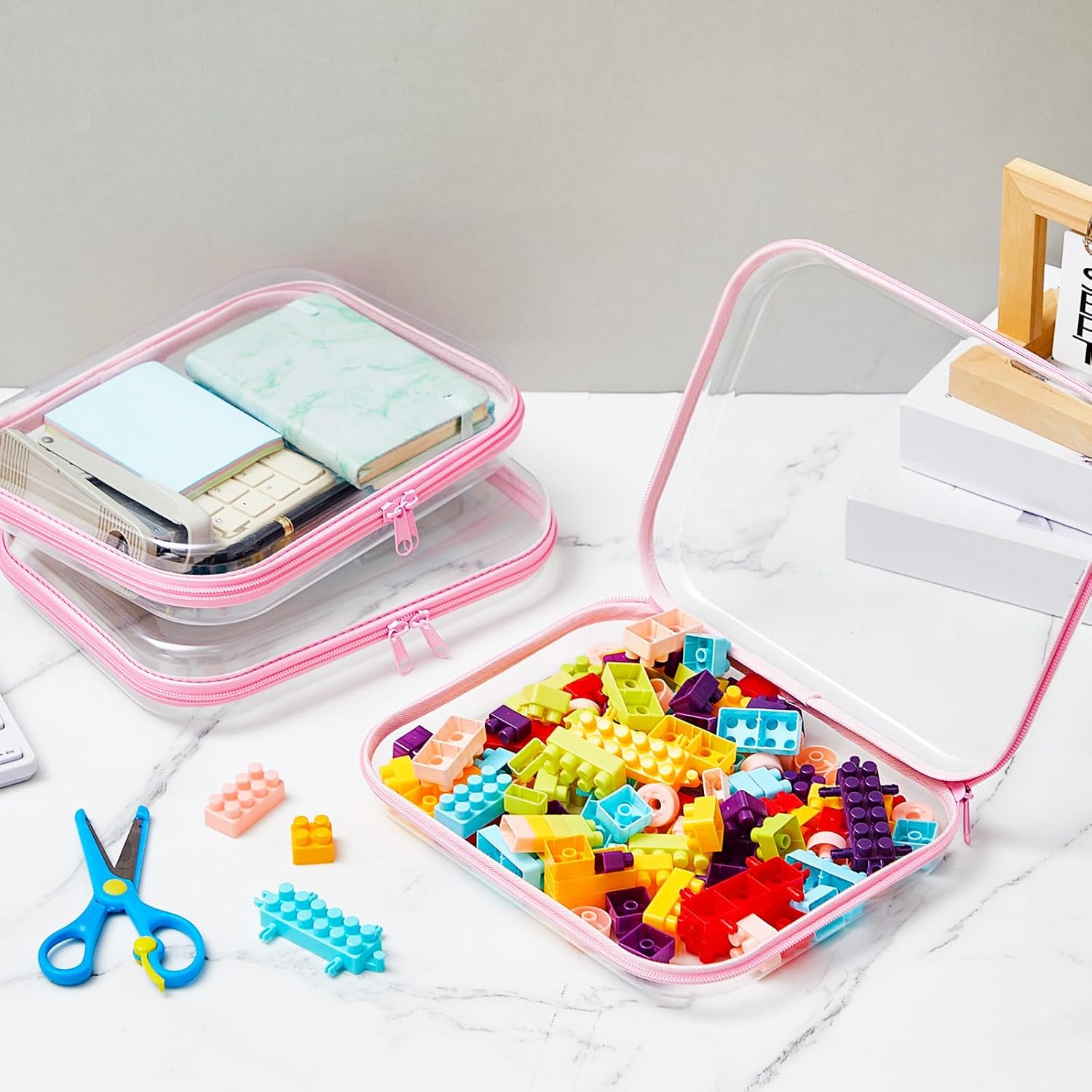 Hoolerry 3 Pcs Clear Hard Zipper Case Plastic Pouch Transparent Hard Case Clear Makeup Bag Portable Travel Organizer Bin for Cosmetics, Building Blocks, Puzzles(Pink,M)-FemmiqueWomen