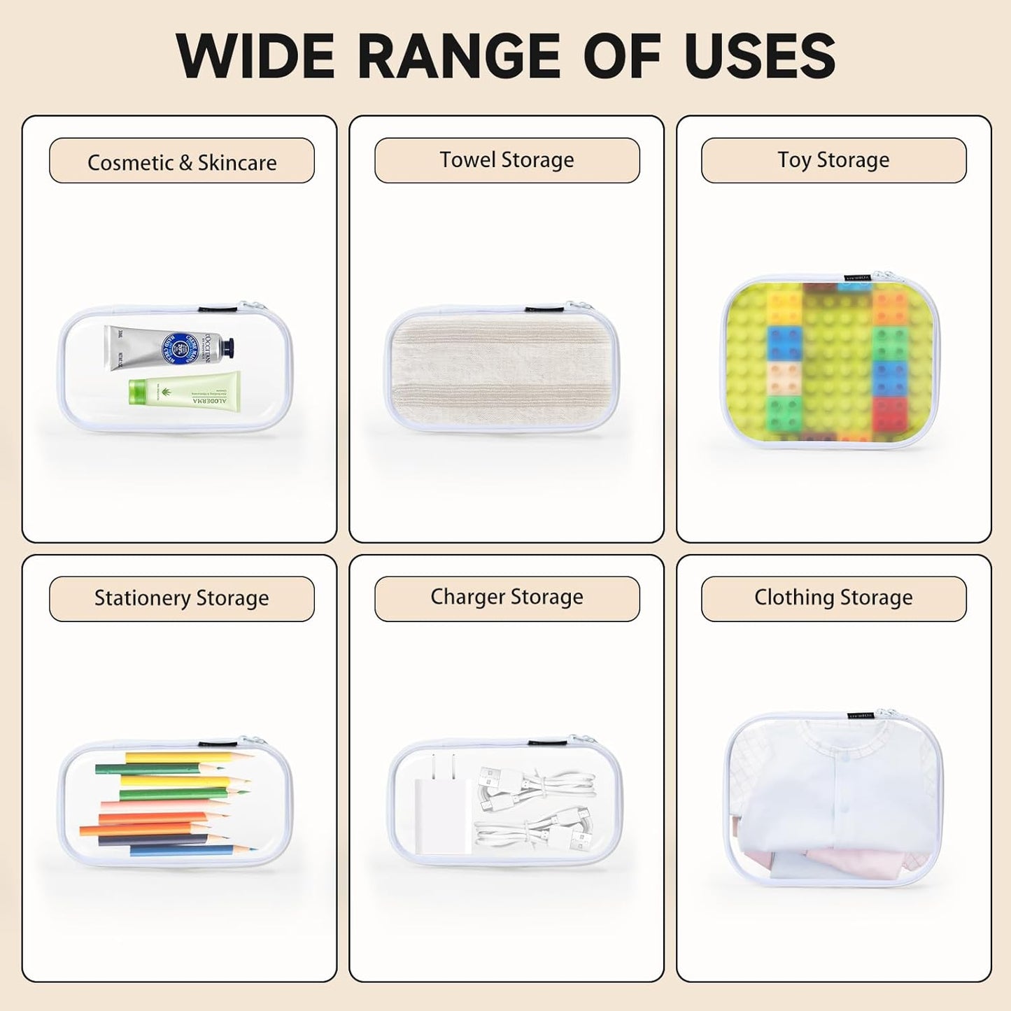 3 Pack Clear Hard Shell Zipper Case - Clear Waterproof Cosmetic Bag with Zipper, Kid's Toy Storage Organizer Bins, Charging Cables, creative journaling, painting brushes, Threads,Sketch Supplies-FemmiqueWomen