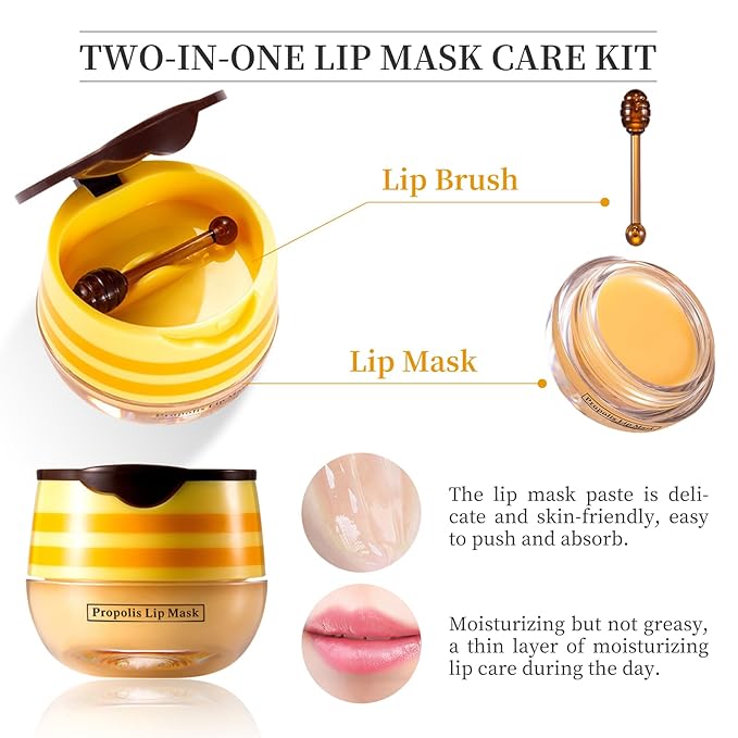 2 PCS Bee Honey Lip Balm Honey Pot, Strawberry & Bee Honey Lip Mask, Reduces Lip Lines, Hydrate & Moisturizing Lip Skin Care, Prevention Dry Cracked Lips, Bee Honey Lip Balm for Lip Repair Treatment-FemmiqueWomen