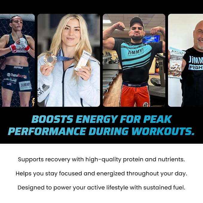JiMMYBAR! - Sea Salt Caramel Cookies N' Cream - 19g High Protein Bars - 7g Sugar - 12 Count - 58g Health Bars - Natural Peanut Butter Core - Caffeinated Protein Bar For Energy- Hand Drizzled Chocolate-FemmiqueWomen