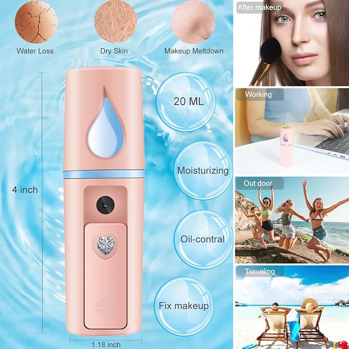 Nano Facial Mister Portable Mist Sprayer with Mirror Mini Cool Mist Spray for Skin Care & Facial Body Moisturized & Eyelash Extensions, USB Rechargeable (Pink)-FemmiqueWomen