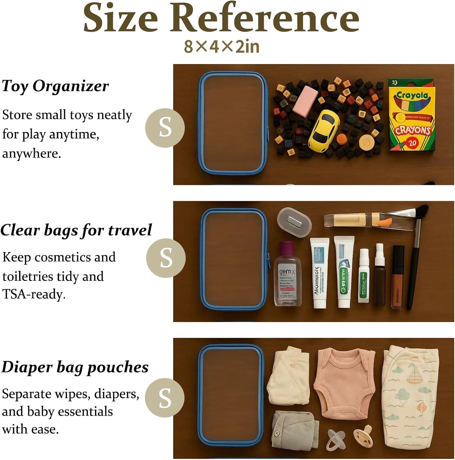 4 pcs Clear Zipper Pouches,Hard Shell Zipper Case, Toiletry Bag for Travel, CLear Diaper Bag, Toiletry Pouch, Travel Organizer, Clear Cosmetic Bag,Toy Storage Bins (M+3S) (Blue)-FemmiqueWomen