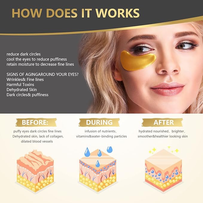 24K Gold Eye Mask, 30 Pairs, Natural Anti-aging Eye Pads for Puffy Eyes, Dark Circles, and Eye Bags with Amino Acid & Collagen, with Revitalize and Hydrate Your Skin-FemmiqueWomen
