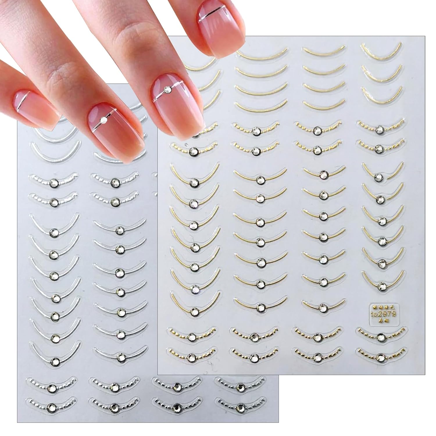 2 Sheets French Tips Nail Art Stickers - 5D Holographic French Simple Gold Silver Line Nail Stickers with Crystal Diamond Design Nail Decals for Women Manicure Decorations-FemmiqueWomen