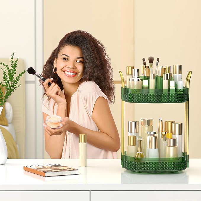 360° Rotating Makeup Organizer 2 Tier, Large Skincare Clear Make Up Storage Spinning Perfume Organizers for Bathroom Counter Dresser, Green-FemmiqueWomen