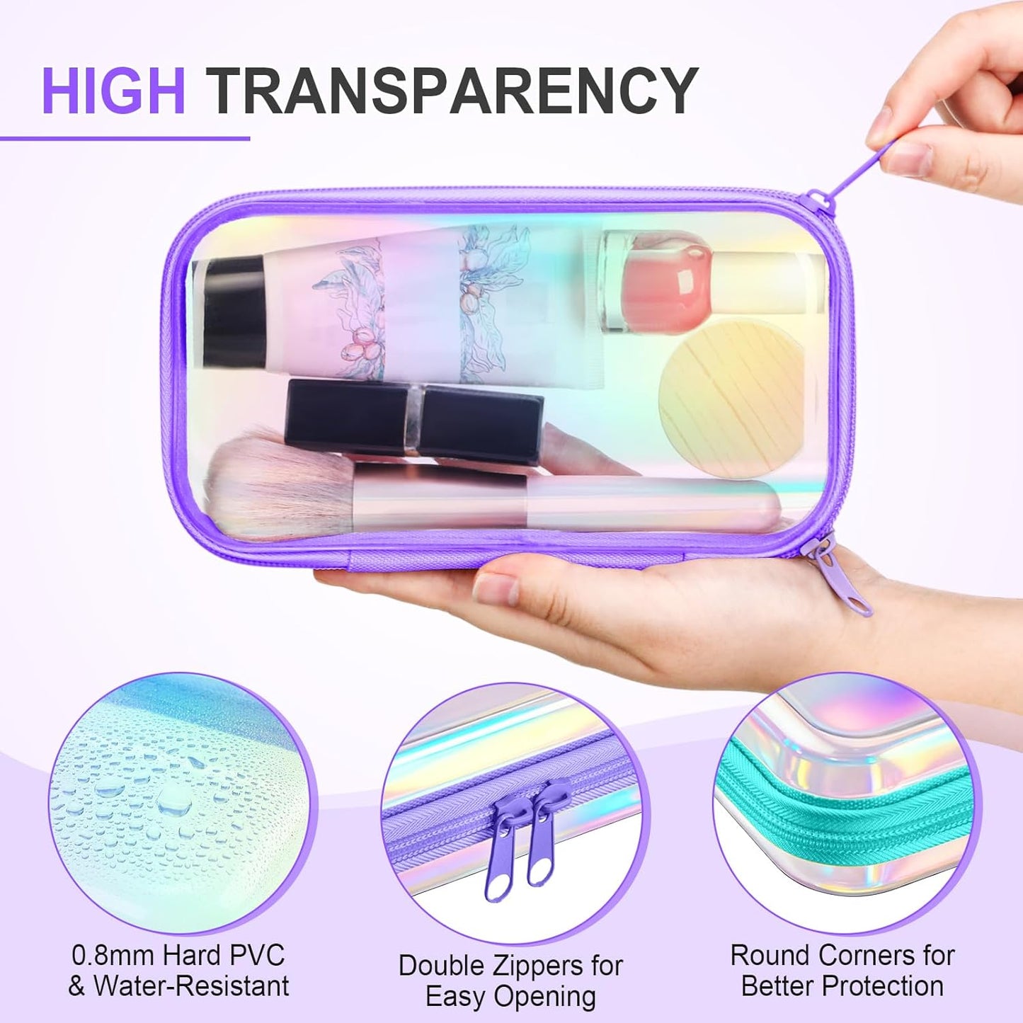 Sanwuta 6 Pcs Clear Hard Zipper Case Pencil Pouches Hard Plastic Zipper Pouches Makeup Bag Transparent Cases for Snacks Plastic Storage Organizer Box for Travel(Holographic,7.48 x 3.94 x 2 Inch)-FemmiqueWomen