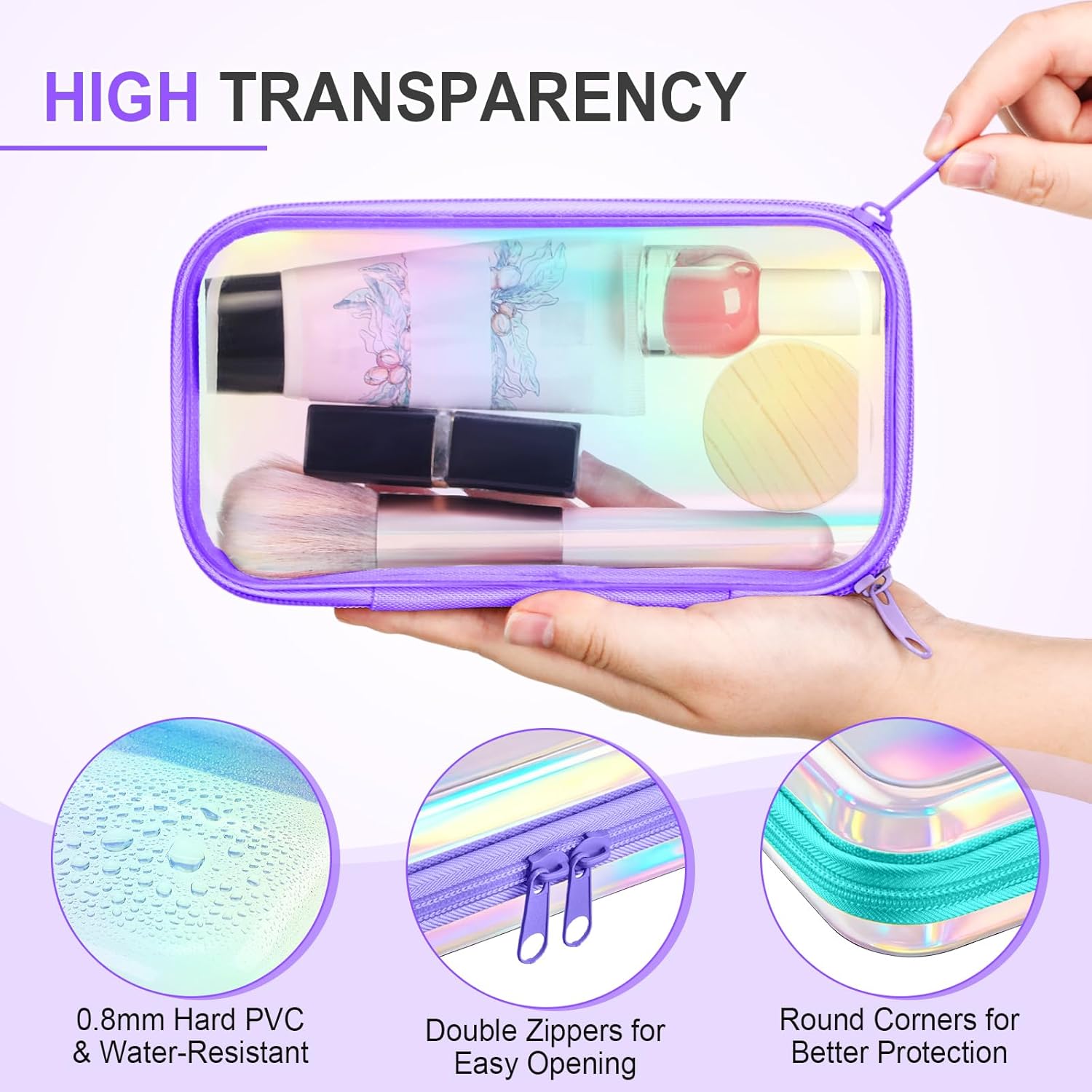 Sanwuta 6 Pcs Clear Hard Zipper Case Pencil Pouches Hard Plastic Zipper Pouches Makeup Bag Transparent Cases for Snacks Plastic Storage Organizer Box for Travel(Holographic,7.48 x 3.94 x 2 Inch)-FemmiqueWomen