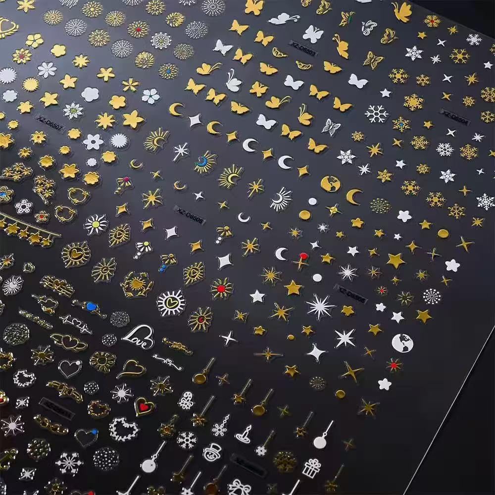 20 Sheets Gold Nail Stickers Star Moon Nail Art Stickers 3D Embossed Self Adhesive Nail Decals Flower Butterfly Heart Nails Design Nail Art Decals for Women Manicure DIY Decoration-FemmiqueWomen