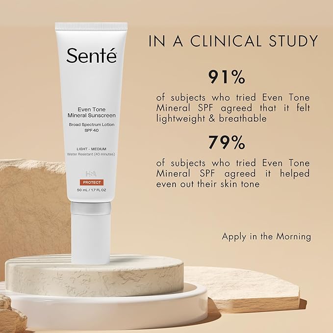 Senté Even Tone Mineral Sunscreen Tinted | SPF 40 Light-Medium | Hydrating, Lightweight Sun Protection Treatment for Redness & Discoloration | UVA/UVB & Blue Light Defense | 1.7 oz-FemmiqueWomen