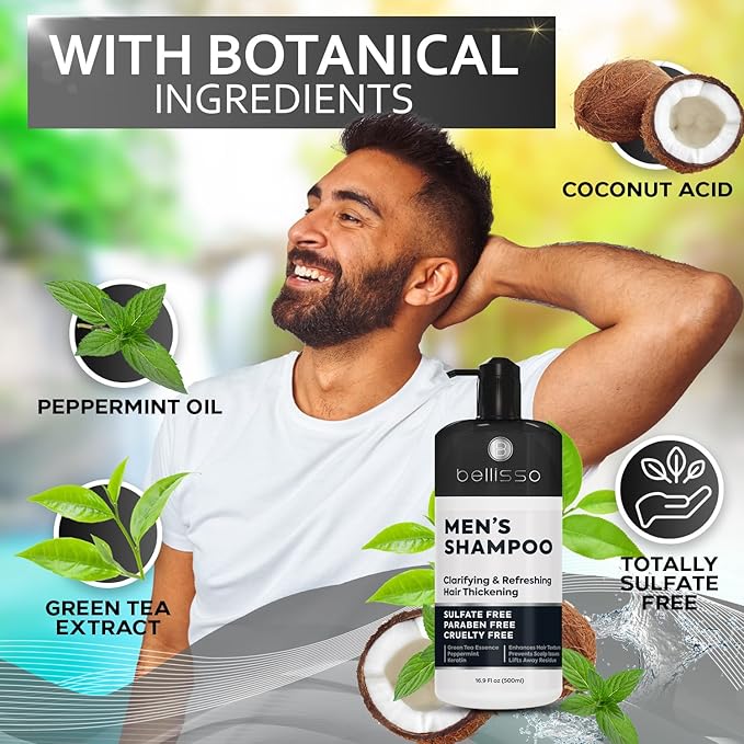 Shampoo for Men - Tea Tree Oil and Peppermint - Sulfate Free, Paraben Free - Clarifying, Refreshing, Volumizing & Moisturizing Hair Thickening Formula - Ideal for Oily Hair, Dry Scalps and Build Up-FemmiqueWomen