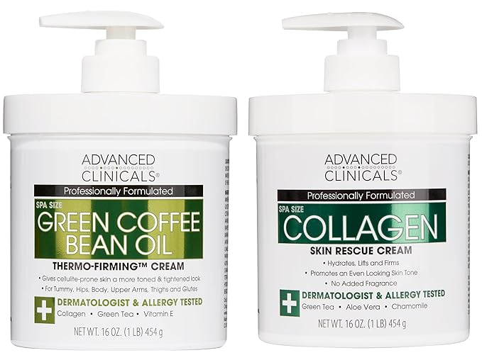 Advanced Clinicals Unscented Collagen Body Cream & Face Moisturizer + Green Coffee Bean Oil Thermo - Firming Body Cream For Women & Men Helps Reduce Appearance Of Cellulite Prone Skin & Dry Skin, 2pc-FemmiqueWomen