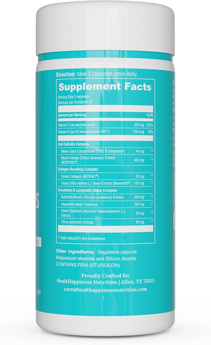 UpNourish Cellulite Vein Health Supplement with Caviar Collagen, SOD DIMPLESS, MOROSIL, Butchers Broom, Horse Chestnut, Leg Wellness and Circulation Support 90ct-FemmiqueWomen