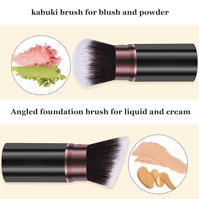 Retractable Makeup Brush, Travel Kabuki Powder Makeup Brush 2 Pack, Foundation Face Blush Brushes for Blending Liquid, Blush, Bronzer, Buffing, Sunscreen,Flawless Cosmetics-FemmiqueWomen