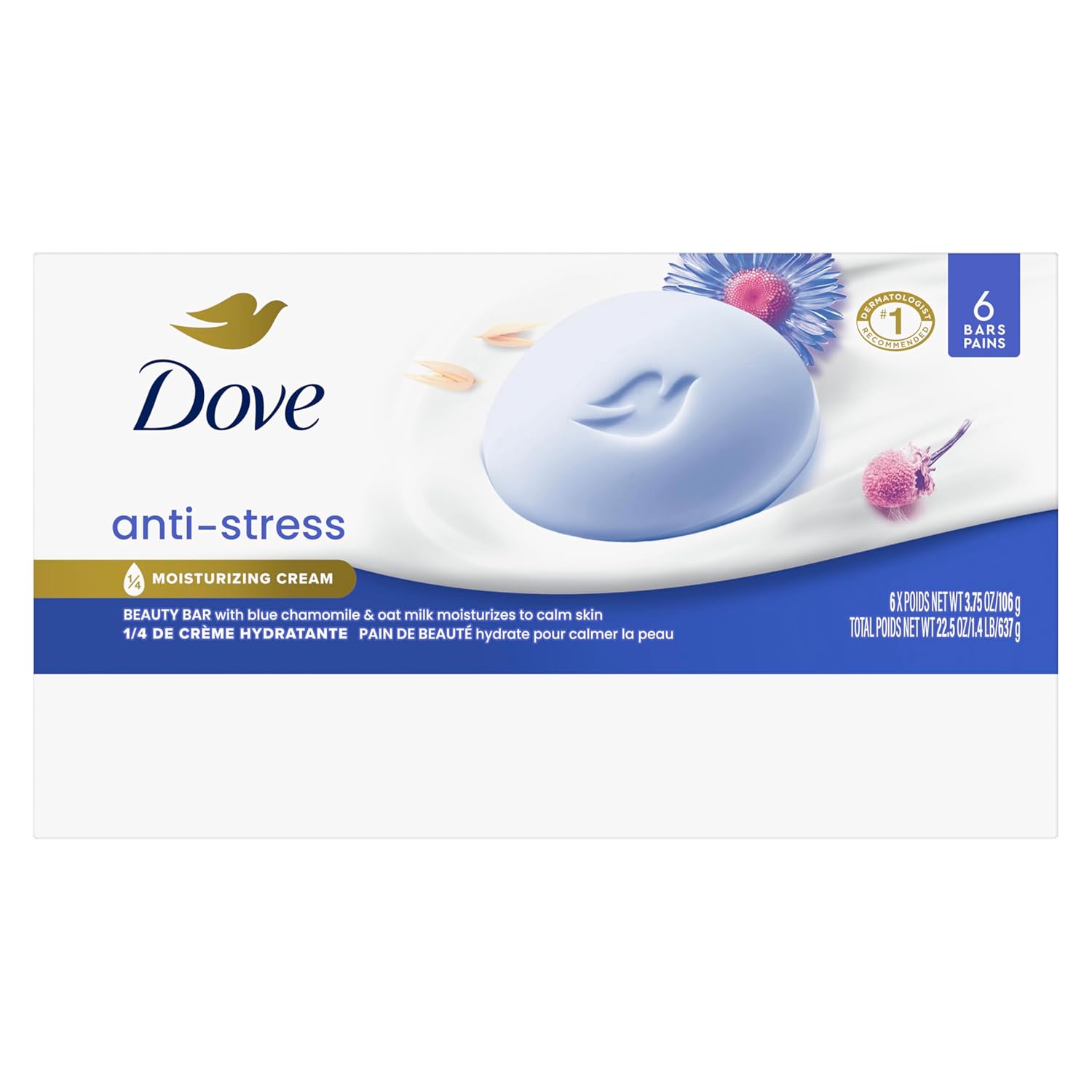 "Dove Anti-Stress Blue Chamomile And Oat Milk Moisturizes to Calm Skin Soap 106g Pack Of 6-FemmiqueWomen