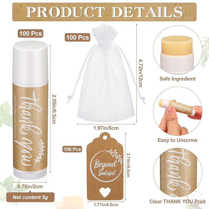 100 Set Thank You Lip Balm Bulk Small Natural Moisturizing Mini Lip Balm with Organza Bag and Card for Baby Wedding Bridal Shower Thank You Favors Bridesmaid Gifts Women Guests-FemmiqueWomen