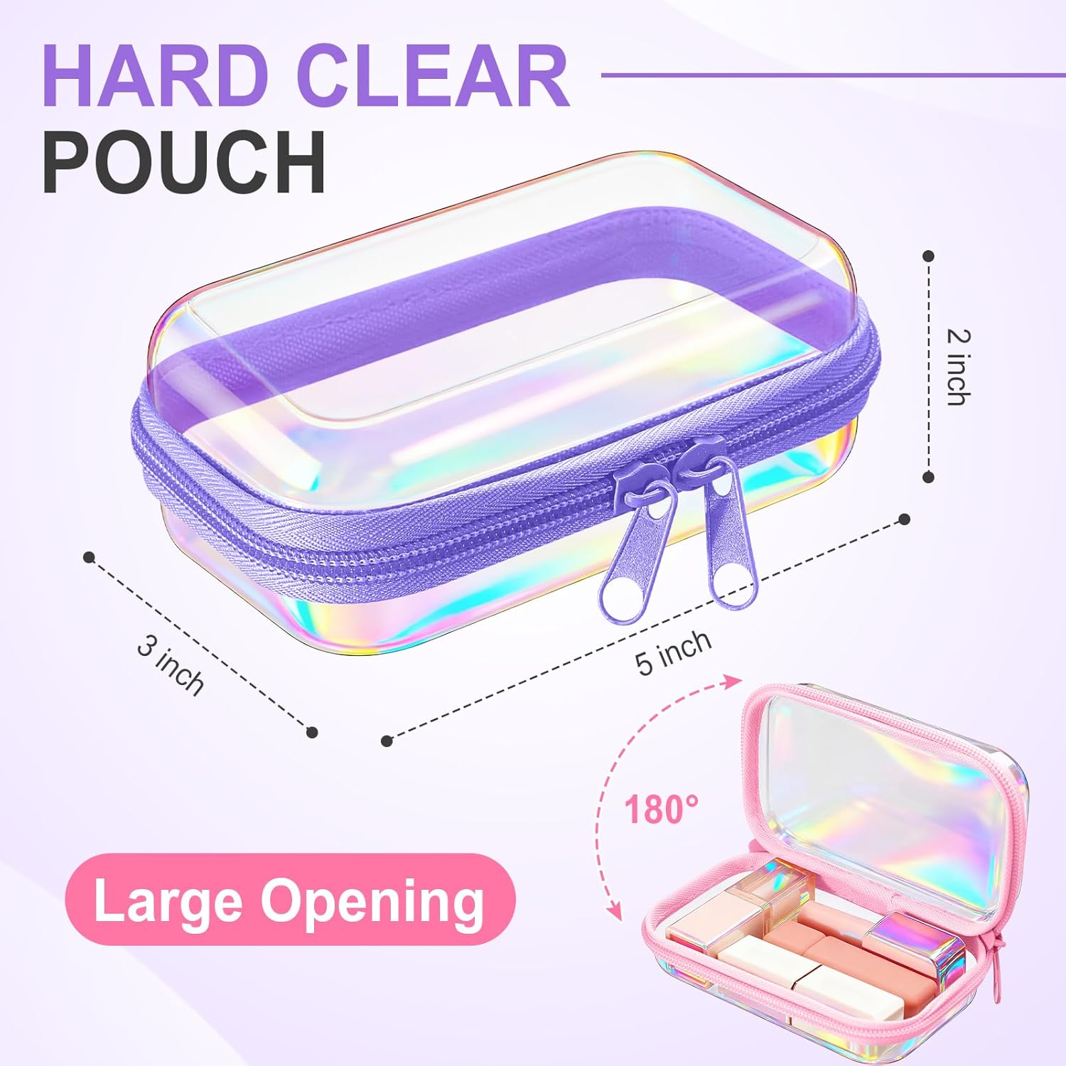 Sanwuta 6 Pcs Clear Hard Zipper Case Pencil Pouches Hard Plastic Zipper Pouches Makeup Bag Transparent Cases for Snacks Plastic Storage Organizer Box for Travel(Holographic,5 x 3 x 2 Inch)-FemmiqueWomen