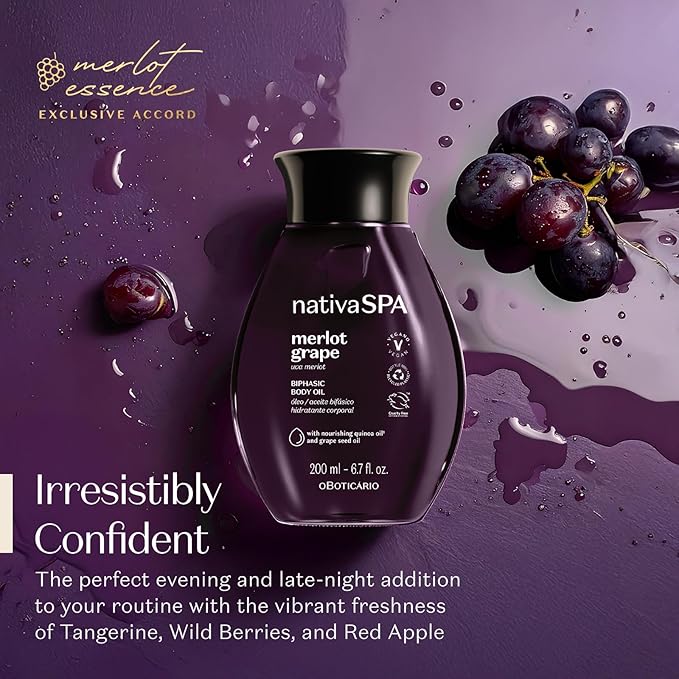 Nativa SPA by O Boticário Merlot Grape Biphase Body Oil, with Quinoa & Grapeseed Oils, Silky Glow with Hydration, 6.7 Ounce (200ml)-FemmiqueWomen