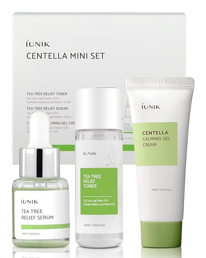 iUNIK Centella Mini Set Travel-Friendly Skincare Set Ultra calming and hydrating for sensitive skin - Tea Tree Relief Toner,Serum, Centella Calming Gel Cream-FemmiqueWomen