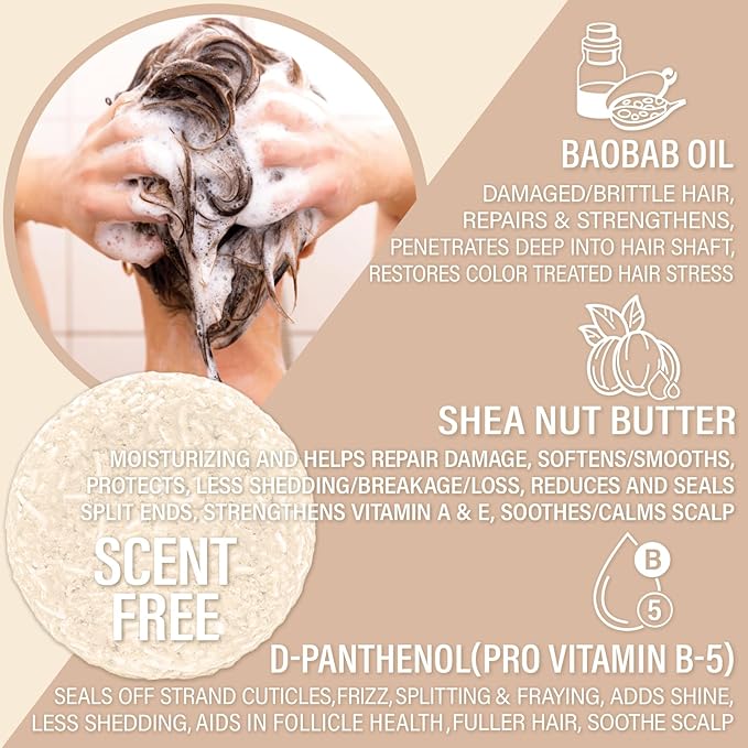 Unscented Shampoo Bar for all hair types is Vegan, Sulfate Free and Made in USA. Get up to 60 Washes at Home or use as a Travel Shampoo. Great for strenghtening shampoo for sensitive skin.-FemmiqueWomen