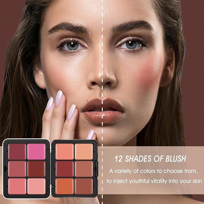 12 Colors Cream [Blush] Makeup Palette for Cheeks - Multi-functional Blush Makeup Palette with Brush, Natural Matte Long Wearing, Waterproof Blendable Face Makeup Palette (#01)-FemmiqueWomen