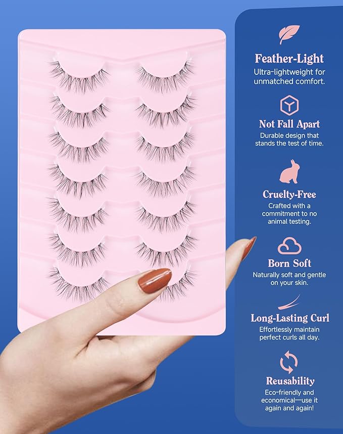 Lashes Natural CLear Band Wispy False Eyelashes Natural Look Flared Strip Eyelash False Eye Lash Soft 7 Pairs Everyday SF-02-FemmiqueWomen