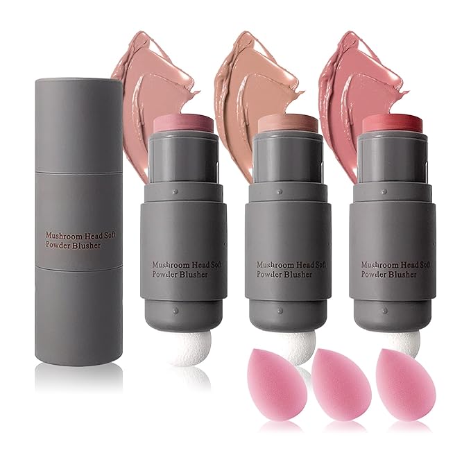 3PCS Blush Stick for Cheeks,Multi-use Solid Matte Makeup Stick Blush Cream for Cheek Eyes and Lips Tint,Moisturizing Tinted Cream Blush,Natural Blendable Cheek Blusher with 3 Makeup Sponges A3-FemmiqueWomen