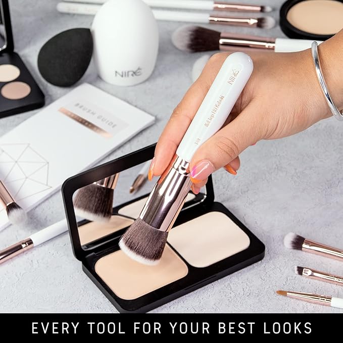Niré Beauty White 15piece Award Winning Professional Makeup Brush Set: Vegan Makeup Brushes with Case, Makeup Sponge, Cleaner, Guide, Gift Box-FemmiqueWomen