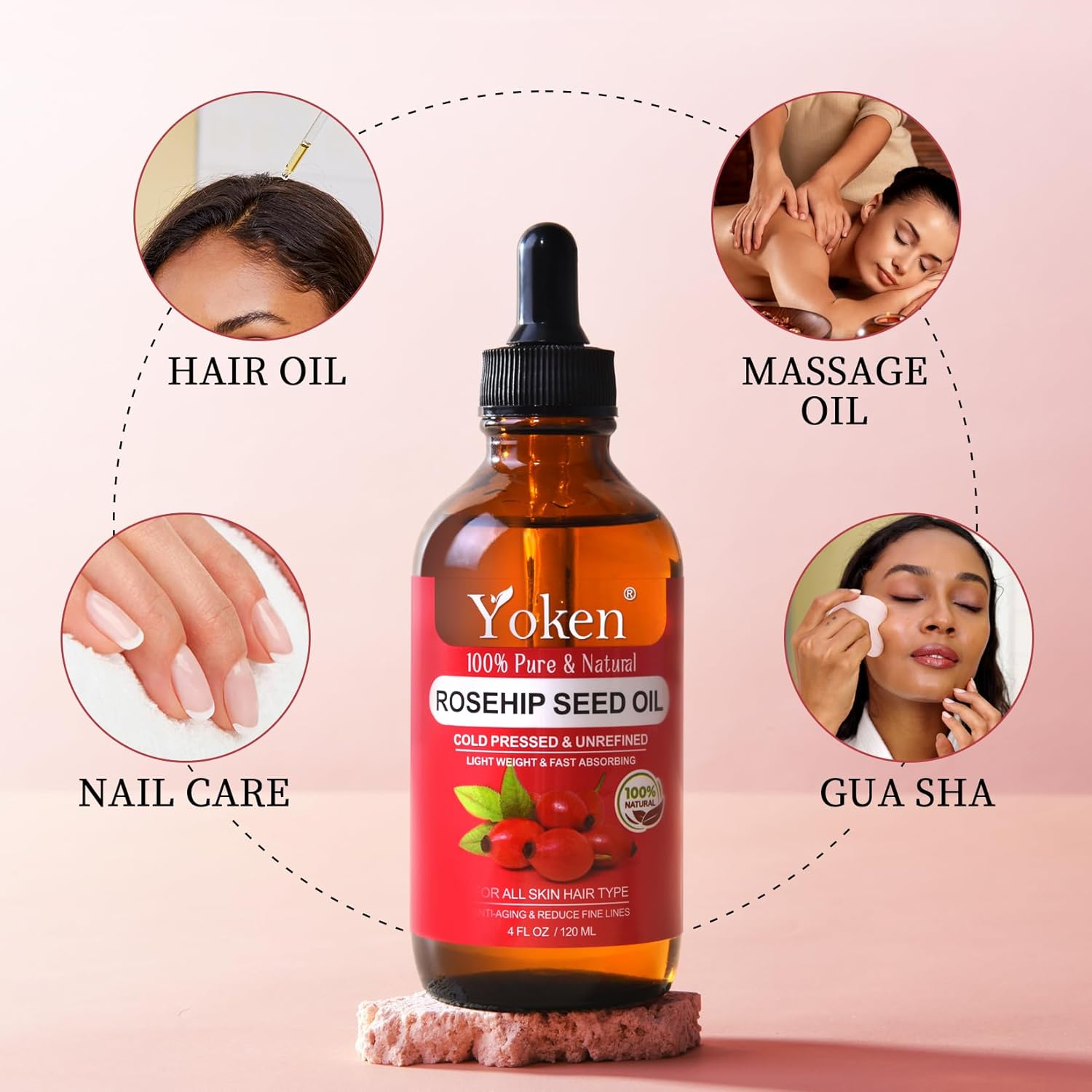 Yoken Rosehip Seed Oil For Face,100% Pure Rosehip oils For Skin,Scars,Hair & Nails.4 fl Oz Cold Pressed Rose Hips Oil For Skin Care, Anti-Aging, Scar Treatment, GUA SHA Massage DIY (4 Fl Oz)-FemmiqueWomen