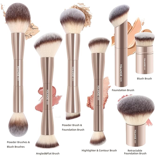 MAANGE 7pcs Makeup Brush Set Double Sided Kabuki Makeup Brushes Contour Brush for Foundation Liquid Powder Concealer Cream Cosmetics Bronzer Blending Blush Buffing Makeup Tools (Gold)-FemmiqueWomen