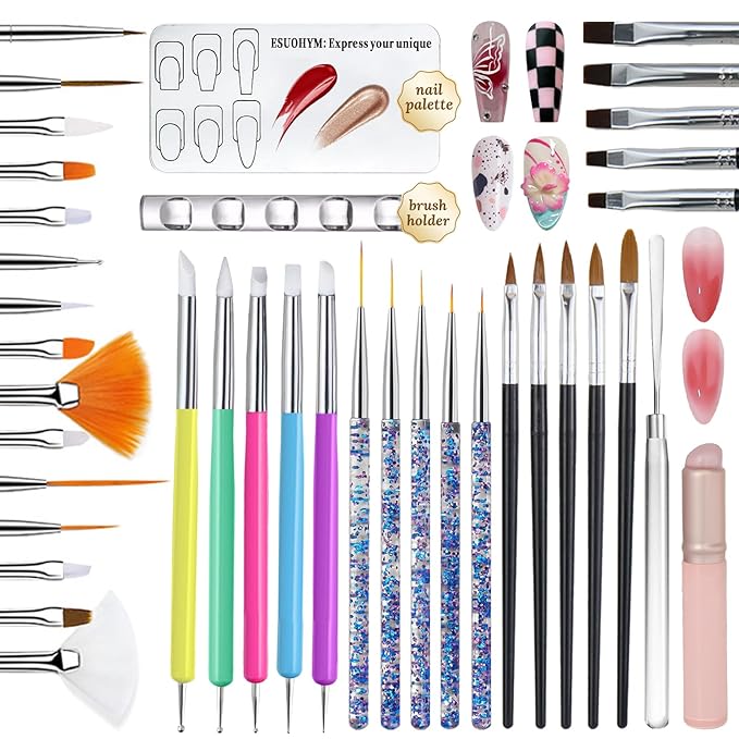 39 PCS Nail Art Brushes Set,Nail Art 3D Sculpting Pen Dotting Tools,Ombre Silicone Brush,Liner Brushes,Acrylic Brushes,Nail Art Palette with Gel Mixing Rod,Nail Design Kit for Home Diy & Salon-FemmiqueWomen