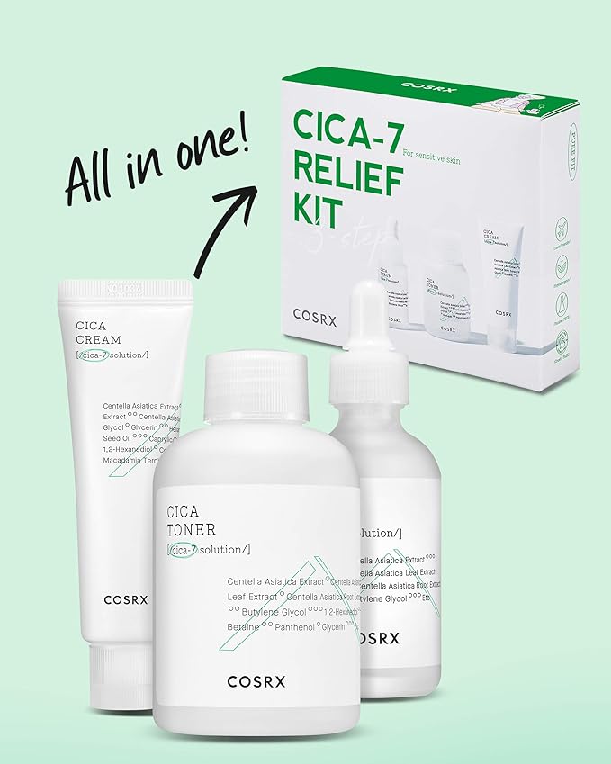 COSRX CICA Relief Kit | Toner, Serum, Cream with Centella Asiatica | Sensitive Skin, Soothing, Moisturizing | Travel Size Set, Gift Set, Korean Skincare, Not Tested on Animals, Paraben Free-FemmiqueWomen