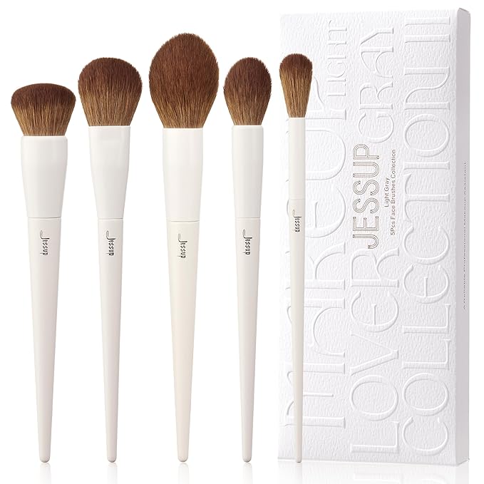 Jessup Makeup Brush Set 5Pcs Face Makeup Brushes Vegan Soft Foundation Brush Blush Brush Bronzer Contour Brush Highlighter Brush Fluffy Setting Powder Brush, Light Grey T493-FemmiqueWomen