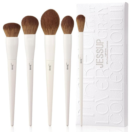 Jessup Makeup Brush Set 5Pcs Face Makeup Brushes Vegan Soft Foundation Brush Blush Brush Bronzer Contour Brush Highlighter Brush Fluffy Setting Powder Brush, Light Grey T493-FemmiqueWomen