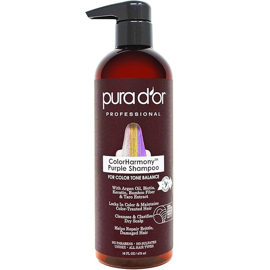 PURA D'OR 16 Oz ColorHarmony Purple Shampoo For Bleached, Blonde, Silver & Color Treated Hair - Keratin, Bamboo Fiber, No Sulfates, Select Natural Ingredients - Men & Women-FemmiqueWomen