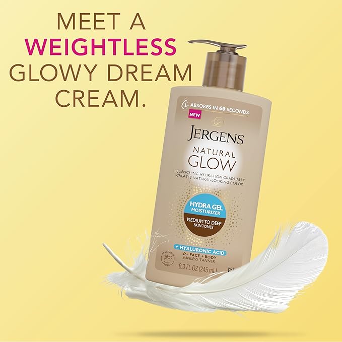 Jergens Natural Glow Hydra Gel Moisturizer, Gradual Tanning Lotion with Hyaluronic Acid, Hydrating Tanning Gel, Fragrance-Free Self Tanner, Medium to Deep Skin Tones 8.3 Fl Oz-FemmiqueWomen