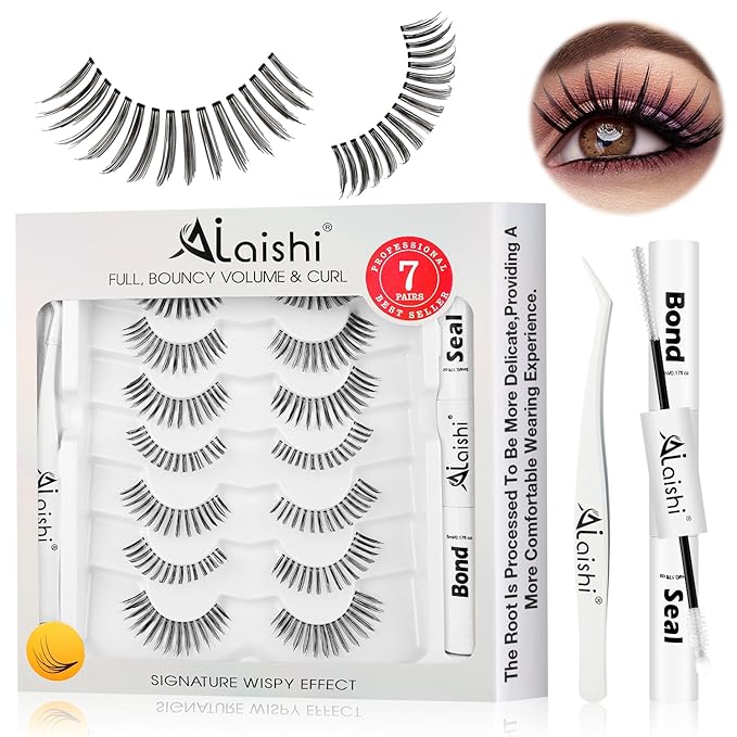 Wispy False Eyelashes Kit With Bond, Seal and Tweezer, 7 Pairs Natural Look Fake Cat Eye Lashes Strips Thin Band Extensions Waterproof Easy Eyelashes for Beginners DF99#-FemmiqueWomen