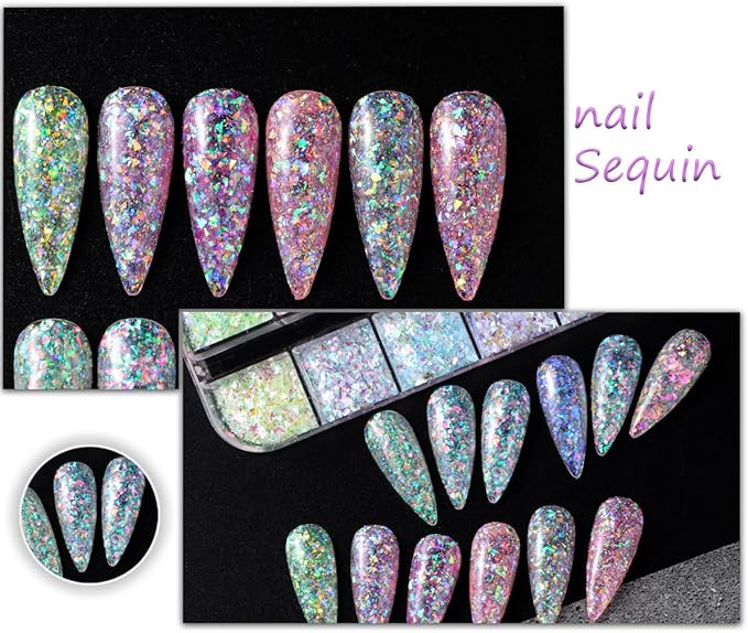 12 Colors Mermaid nail art glitter sequins Iridescent Ice Slag nail glitter flakes Ultra Thin Nail Art Designs 3D holographic nail sequins for Nail Art Supplies Manicure Decoration Accessories-FemmiqueWomen